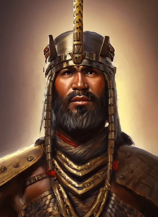 Image similar to smart tai warlord, closeup portrait, historical, ethnic group, traditional tai costume, bronze headset, intricate, with leather armor cross onbare chest, elegant, loin cloth, highly detailed, oill painting, artstation, concept art, matte, sharp focus, illustration, hearthstone, art by earl norem