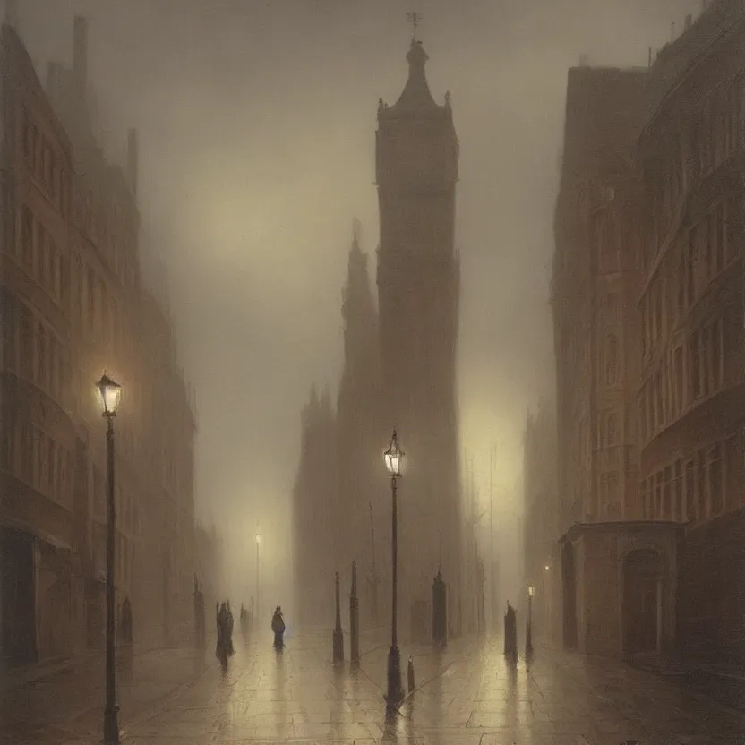 Image similar to beautiful painting of old London street scene spooky dark fog , Carl Gustav Carus