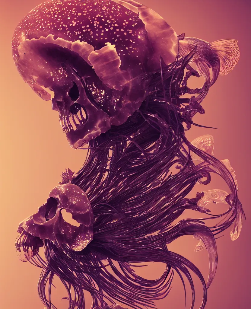 Image similar to goddess close-up portrait animal skull. jellyfish phoenix head, nautilus, orchid, skull, betta fish, bioluminiscent creatures, intricate artwork by Tooth Wu and wlop and beeple. octane render, trending on artstation, greg rutkowski very coherent symmetrical artwork. cinematic, hyper realism, high detail, octane render, 8k