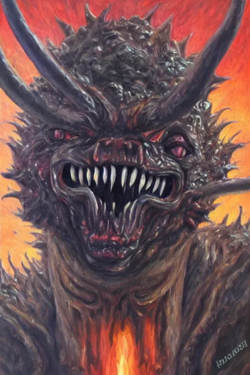 Prompt: oil painting, close-up, hight detailed, portrait of hell beast showing his teeths, in style of 80s sci-fi art