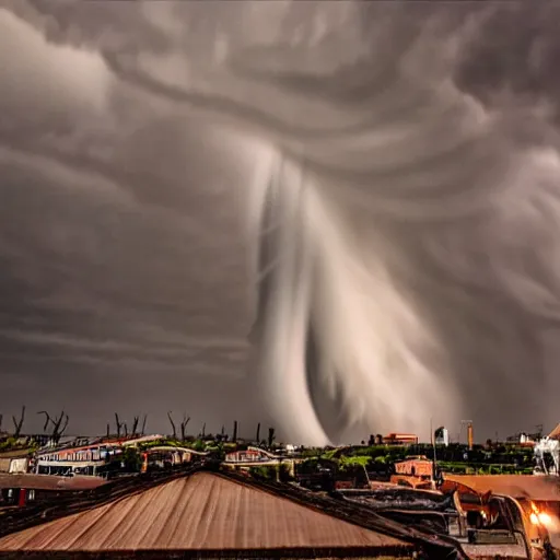 Image similar to photo of a tornado tearing through a steampunk city