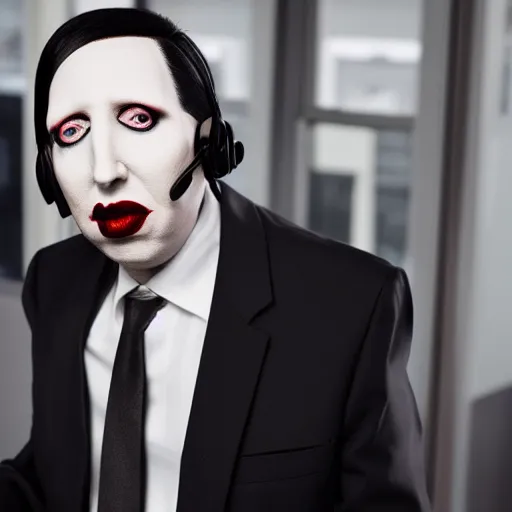 Image similar to Marilyn Manson, wearing office attire, working in a call center, portrait photography, bokeh, depth of field, 4k