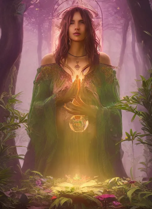 Image similar to Beautiful art portrait of a female fantasy priestess in a bright temple surrounded by lush forest, atmospheric lighting, intricate detail, cgsociety, hyperrealistic, octane render, RPG portrait, ambient light, dynamic lighting