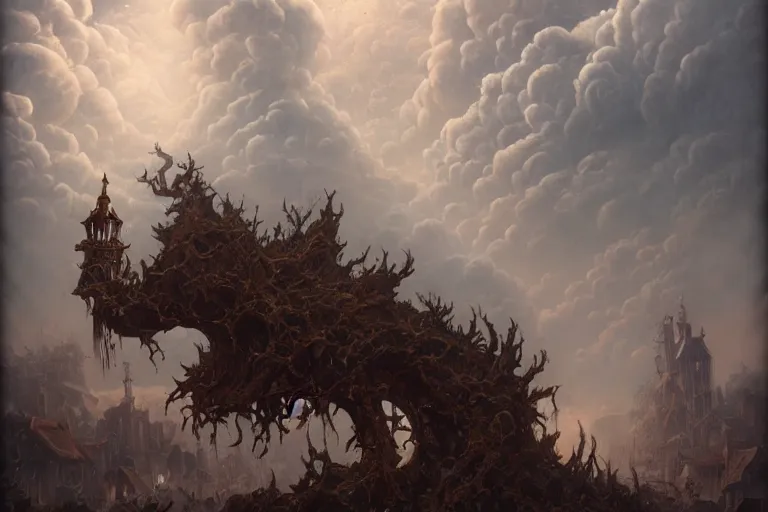 Image similar to a lovcraftian deity as tall as the clouds destroys a village, 1 8 0 0 s, in the style of coriolis rpg, highly detailed, dark sci - fi, artstation, 8 k, mohrbacher