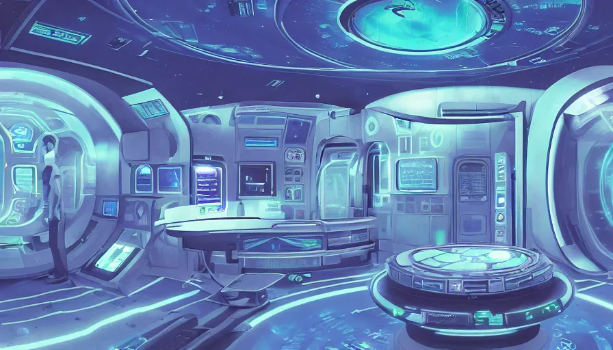 Image similar to a space ship circular medic room with bright holodesk in the center showing a blue hologram of a solar system, cryogenic pods, dark people discussing, contrasted light, clair obscur, illustration, clean lines, star wars vibe, by sead mead, by feng zhu!!! by moebius, vivid colors, spectacular cinematic scene