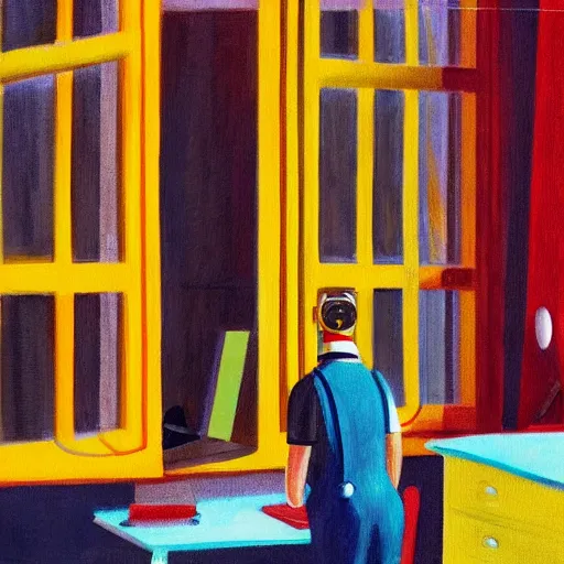 Image similar to A fine art painting of a man wearing Vr goggles dressed in orange overalls (and creating the metaverse at a desk with screens), view from outside looking in through a window on a British street. In the style of Edward Hopper and Wes Anderson