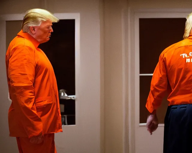 Image similar to donald trump wearing orange prison clothes locked up in an asylum, cinematic masterpiece, octane, dramatic lighting, very detailed