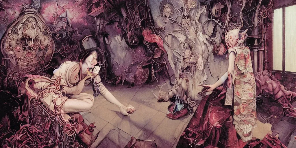 Prompt: realistic detailed image of a girl in an old soviet girlish room with a little monster hiding under the bed by Ayami Kojima, Amano, Karol Bak, Greg Hildebrandt, and Mark Brooks, Neo-Gothic, gothic, rich deep colors. Beksinski painting, part by Adrian Ghenie and Gerhard Richter. art by Takato Yamamoto. masterpiece .ntricate artwork by Tooth Wu and wlop and beeple, Greg Rutkowski, coherent symmetrical artwork, cinematic, hyperrealism, great detail, octane render, unreal engine, 8k, Vibrant colors, Smooth gradients, High contrast, depth of field. by Katsuhiro Otomo, full body character drawing, inspired by Evangelion, clean ink detailed line drawing, intricate detail, extremely detailed, 8k. painting by Arthur Rackham, Eugene de Blaas, Frederic Leighton