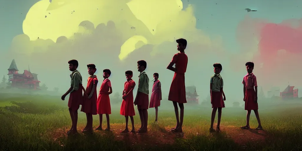 Image similar to kerala school boys wearing girls dresses posing for a photo, an epic fantasy, dramatic lighting, cinematic, establishing shot, extremely high detail, photorealistic, cinematic lighting, artstation, matte painting by simon stalenhag, horizon forbidden west