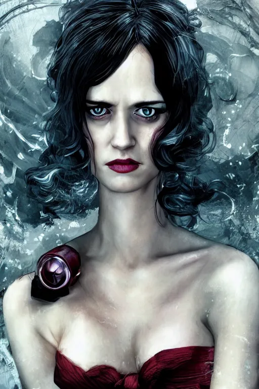 Image similar to character portrait of eva green with gorgeous detailed eyes, color page, tankoban, 4 k, tone mapping, doll, akihiko yoshida, james jean andrei riabovitchev marc simonetti, yoshitaka amano, bond girl, pale, casino royale