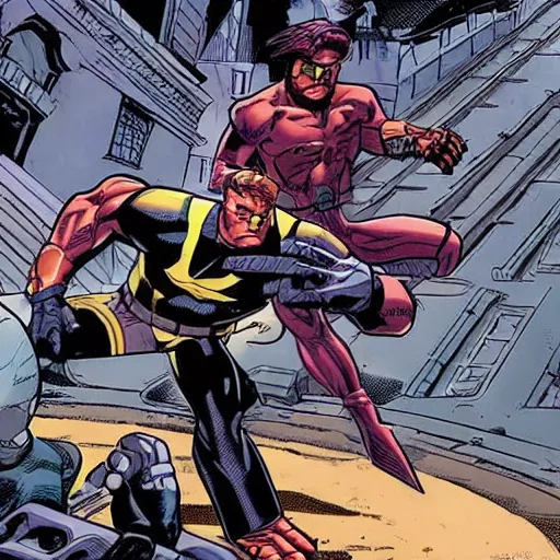 Prompt: Xmen Cyclop and Wolverine fighting versus Sentinels robot in New York, Moebius style