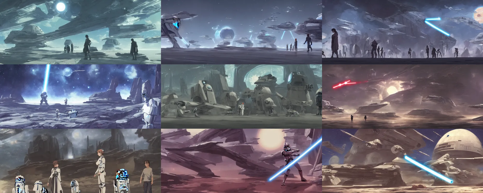 Prompt: Star Wars Sci fi anime concept art screenshot by Studio Ghibli, semi realistic anime illustration, modern anime, art by Doug Chiang, trending on Pixiv, cinematic, 4K