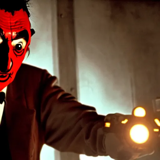 Image similar to mr. bean as jigsaw killer from the saw movies. movie still. cinematic lighting.