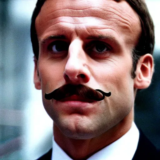 Image similar to Emmanuel Macron wearing a mustache in American Psycho (1999)