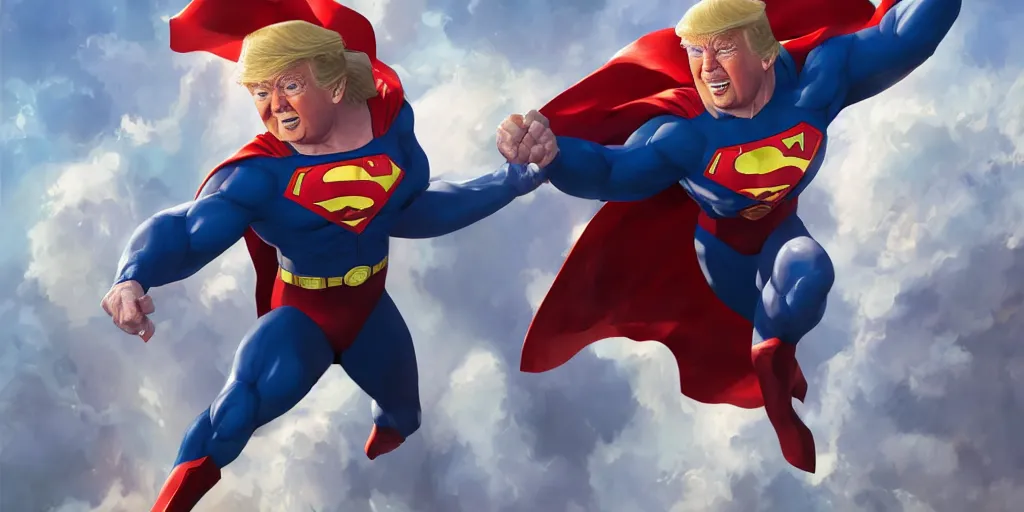 Image similar to donald trump as superman, studio portrait, detailed face, art by makoto shinkai, studio ghibli, greg rutkowski, wlop, artgerm, highly detailed, 4 k, digital art, high quality