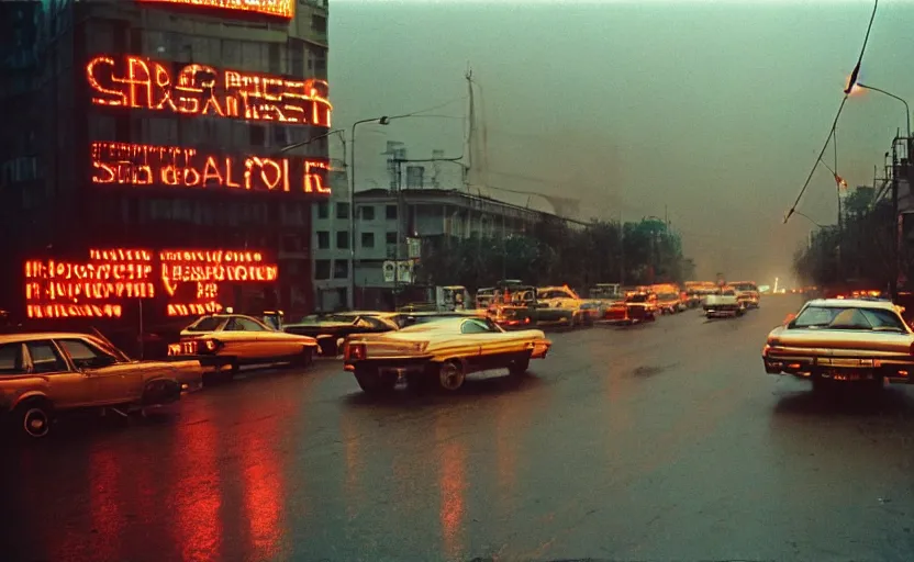 Image similar to 70s movie still of a sovietic street with pedestrians with soviet highrise in the backround , Cinestill 800t 18mm ektachrome color, heavy grainy picture, very detailed, high quality, 4k panoramic, HD criterion, dramatic lightning, neon billboards and streetlight at night, rain, mud, foggy