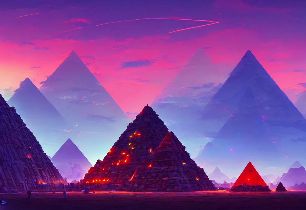 Image similar to a small futuristic pyramid with neons at dawn with rock piles in the background, intricate oil painting, high detail illustration, sharp high detail, manga and anime 1 9 9 9, official fanart behance hd artstation by jesper ejsing and makoto shinkai, 4 k,