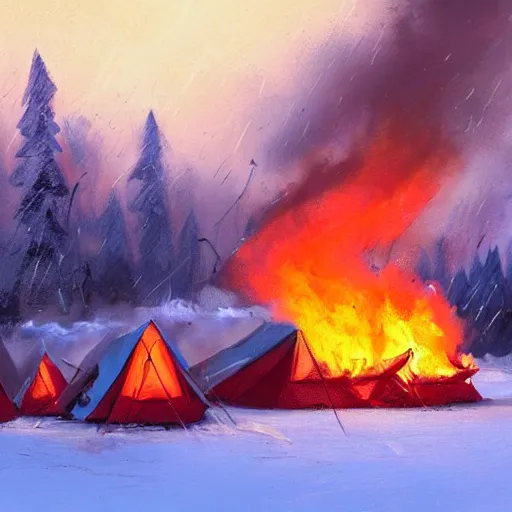 Image similar to a camp with tents on fire, burning down, shadows of 3 girls watching the camp burn, snow, painted by Sylvain Sarrailh