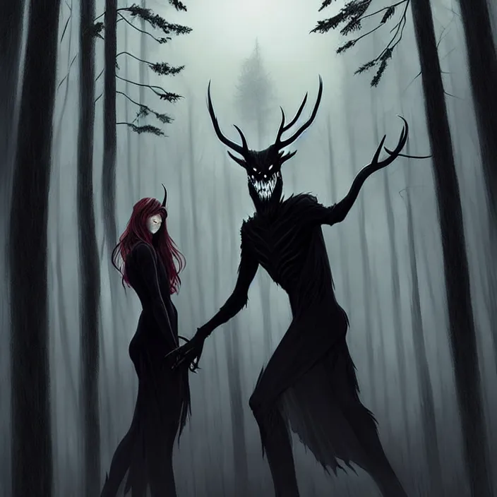 Image similar to style artgerm, joshua middleton, diego fazio, marc simonetti : : scary wendigo with antlers and skull face mixed with werewolf : : [ [ beautiful witch wearing a black dress, symmetrical face, on the right side ] ] : : in the forest, detailed, dark and foggy, cinematic lighting