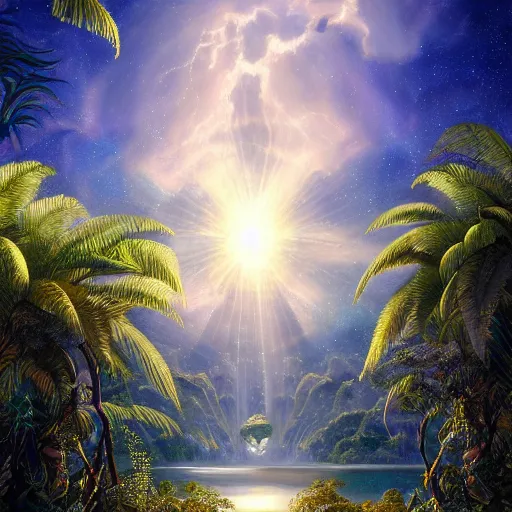 Image similar to a ultradetailed beautiful painting of amazonas by aulo maiskiankski, major arcana mason sparkles sky, and dougherty patrick, trending on artstation, mediterranean, palm trees, light sparkles, major arcana sky, sharp focus, soft light