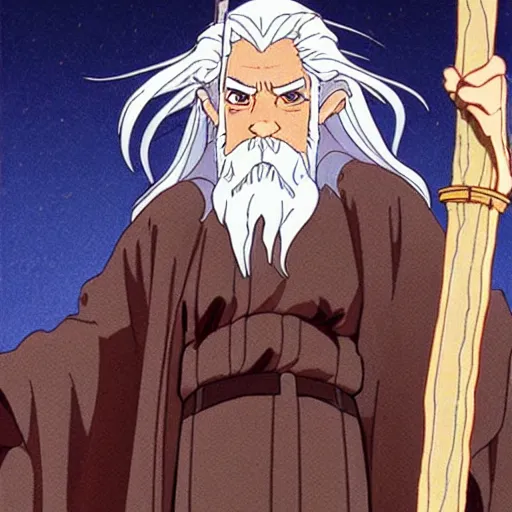 Image similar to gandalf from the anime lord of the rings (1986), holding a wooden staff, studio ghibli, very detailed, realistic