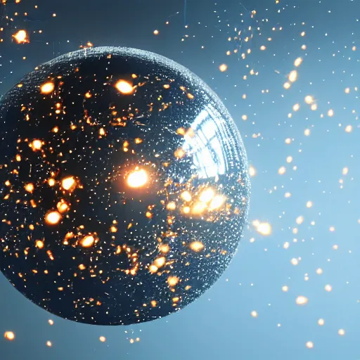 Image similar to chrome orb surrounded by fireflies and sparks, octane render, cinematic, dramatic lighting, high - end cgi, 4 k, incredible, splash page