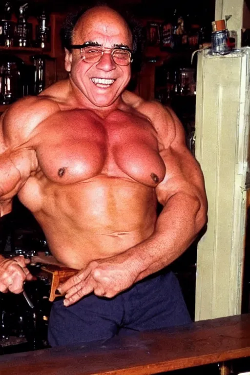 Image similar to danny devito with a buff arnold schwarzenegger body flexing in paddy's pub