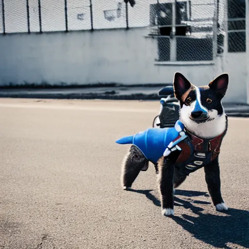 Image similar to blue heeler dog on a motorcycle, 8 k photography, blurred background of a wafflehouse