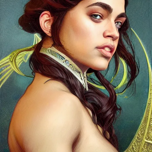 Image similar to portrait of a beautiful thick female, alexandria ocasio-cortez face, D&D, fantasy, intricate, elegant, highly detailed, digital painting, artstation, concept art, smooth, sharp focus, illustration, art by artgerm and greg rutkowski and alphonse mucha