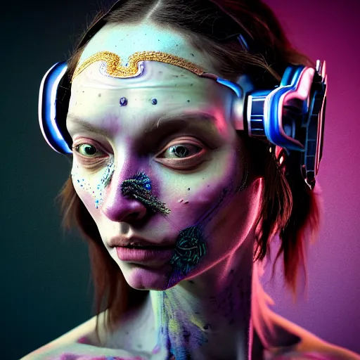 Image similar to Colour Caravaggio style Photography of Beautiful woman with highly detailed 1000 years old face wearing higly detailed cyberpunk VR Headset designed by Josan Gonzalez Many details. . In style of Josan Gonzalez and Mike Winkelmann andgreg rutkowski and alphonse muchaand Caspar David Friedrich and Stephen Hickman and James Gurney and Hiromasa Ogura. Rendered in Blender, volumetric natural light