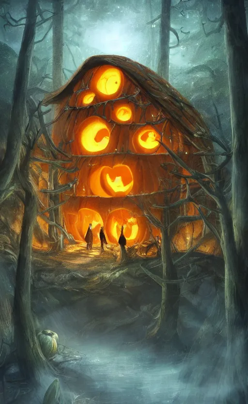 Image similar to a giant pumpkin cabin in the middle of a forest at night, the lights are on, dynamic lighting, photorealistic fantasy concept art, trending on art station, stunning visuals, creative, cinematic, ultra detailed