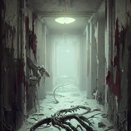 Image similar to a demonic infested hallway of death and decay, au naturel, hyper detailed, digital art, trending in artstation, cinematic lighting, studio quality, smooth render, unreal engine 5 rendered, octane rendered, art style by klimt and nixeu and ian sprigger and wlop and krenz cushart