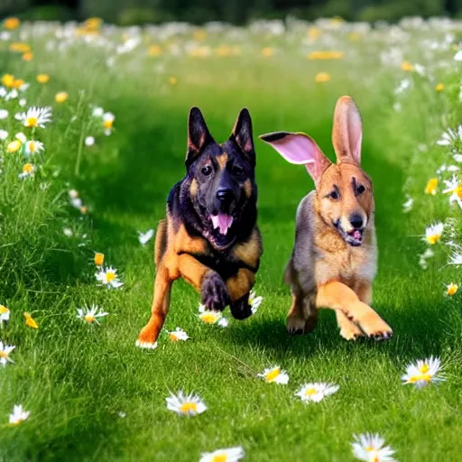 Prompt: German shepherd dog and bunny running in a field with daisies, trees in the distance with sun blue skies a couple of clouds