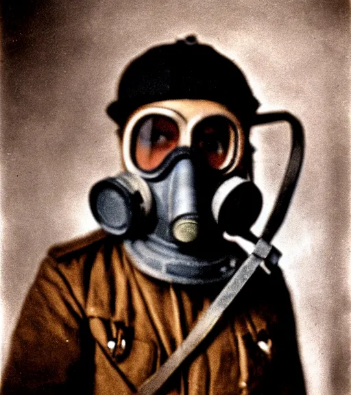 Image similar to person wearing gas mask, ww1 technicolor film photo, grainy, high detail, high resolution