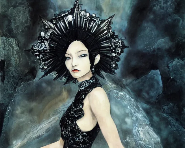 Image similar to an illustration of a queen wearing a beautiful black dress on a stone throne by yoshitaka amano, by katsuhiro otomo realistic, detailed, oil painting