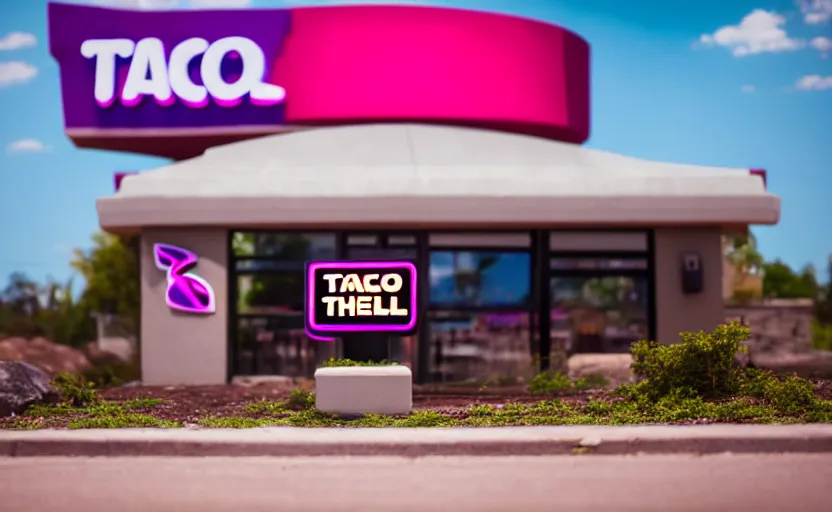 Image similar to photograph of a Taco Bell that says China on the sign, one point perspective, 1-point perspective, tilt shift, sigma 85mm f/1.4, 4k, depth of field, high resolution, 4k, 8k, hd, full color