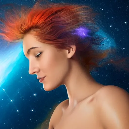 Prompt: Side profile portrait of attractive Greek celestial goddess with an aquiline nose looking down with a gentle smile. Her blue face is emerging from her big wavy orange hair with pink highlights. Her hair fills most of the image. Hubble space telescope image of nebula.