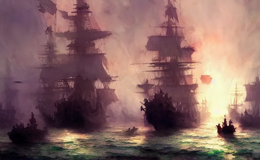 Image similar to pirate galleon fleet. intricate, amazing composition, colorful watercolor, by ruan jia, by maxfield parrish, by marc simonetti, by hikari shimoda, by robert hubert, by zhang kechun, illustration, gloomy, volumetric lighting, fantasy