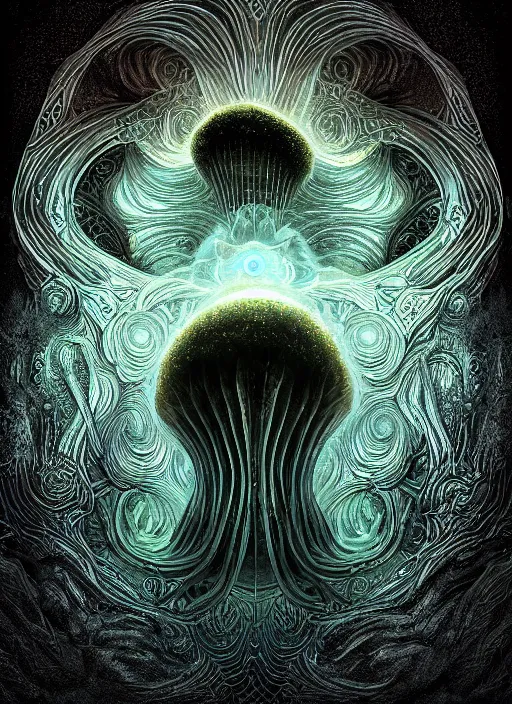 Image similar to enormous mushroom deity of the stars resides inside void manifold, mycelium forms quantum foam, fractal of scary dirac equations, portrait by ross tran, timeline nexus, ascending universes, a dnd illustration of esoteric concept by cgsociety and james gurney, artstation, hdr, rtx, iridescent wise mushroom deity