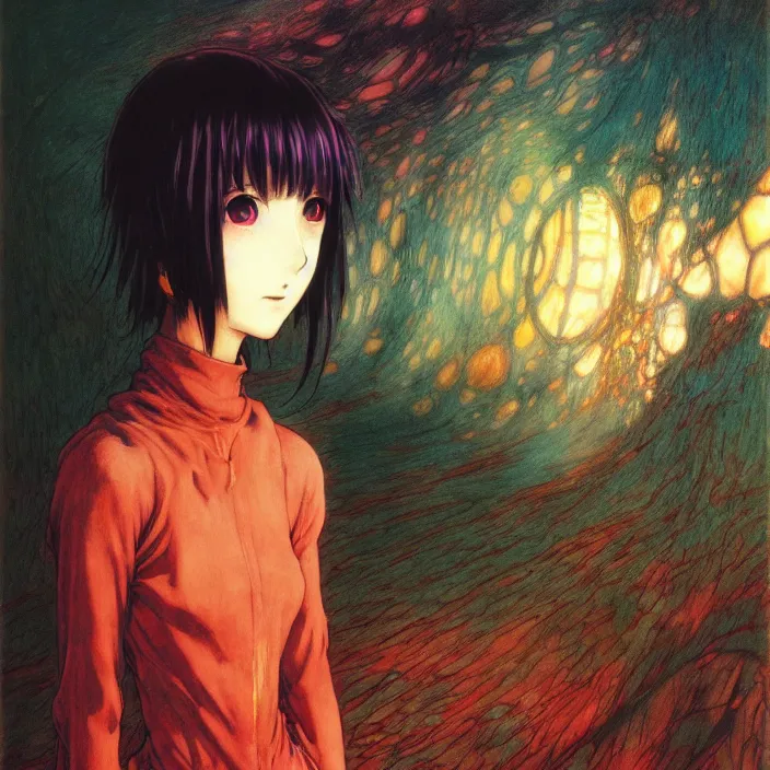 Image similar to mamimi samejima, psychedelic background, female anime character, Lain, uwu, uwu, Luminism Romanticism by John William Waterhouse Beksinski Finnian MacManus Ruan Jia, uwu Hi-Fructose, Artstation, HD, HDR, High Resolution, 1024x1024, technological rings, giygas, demon souls, bloodborne boss