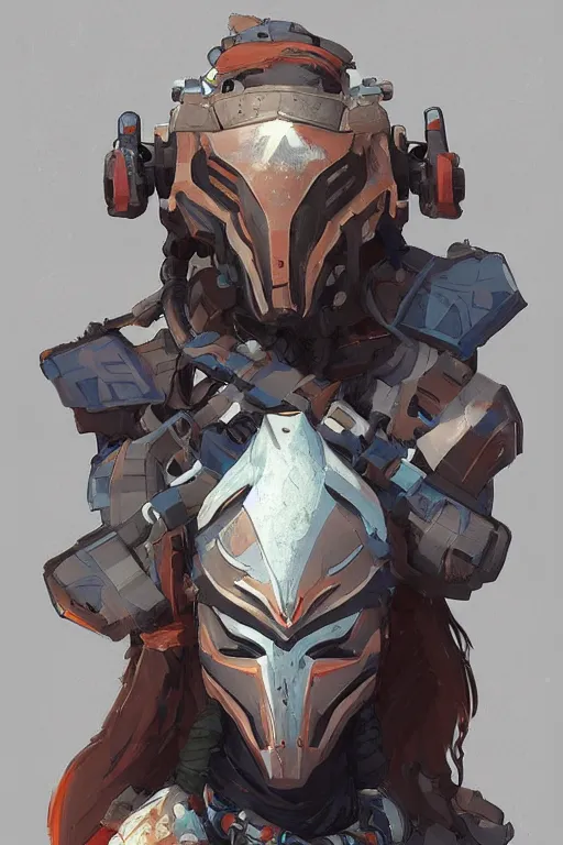 Image similar to combination suit armor aloy horizon forbidden west horizon zero dawn robot ninja mask helmet backpack tribal, fanart behance hd artstation by jesper ejsing, by rhads, makoto shinkai and lois van baarle, ilya kuvshinov, ossdraws