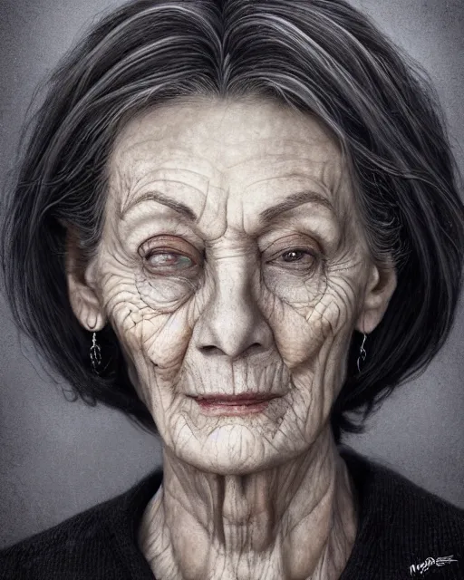 Image similar to portrait 6 0 - year - old woman, tall, severe - looking, with dark hair tied up in a bun, mcgonagall, wearing in black clothes, yper realistic face, beautiful eyes, character art, art by mark brooks, hyperdetailed, cryengine, trending on artstation, digital art