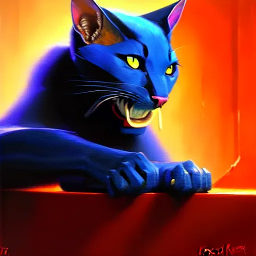 Image similar to blue cat eating red sable painting by eddie mendoza, greg rutkowski