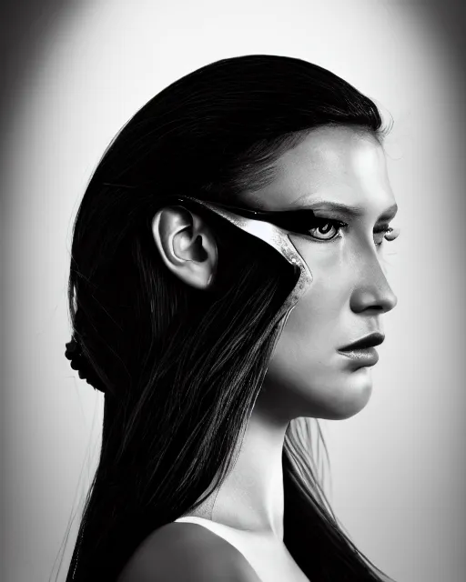 Image similar to a profile portrait, a stunning young woman - crow - cyborg, editorial photography, bw, shot on 7 0 mm, depth of field, f / 2. 8, high contrast, 1 6 k, volumetric lighting, shiny, insanely detailed and intricate, hypermaximalist, elegant, ornate, hyper realistic, super detailed