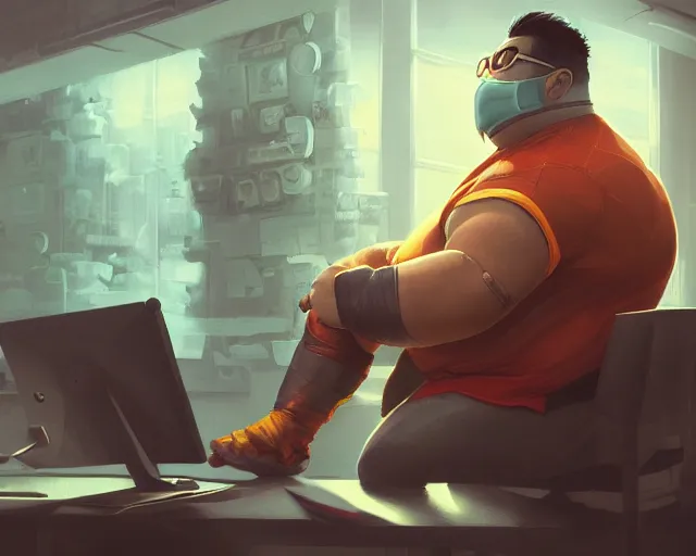 Image similar to an insanely detailed painting of a slightly chubby, nerdy asian man wearing a superhero costume and mask, sitting at a desk, staring at the nervously at the computer and typing, in the style of peter mohrbacher, dramatic lighting and composition, octane render, trending on artstation, concept art, comic book, view from behind