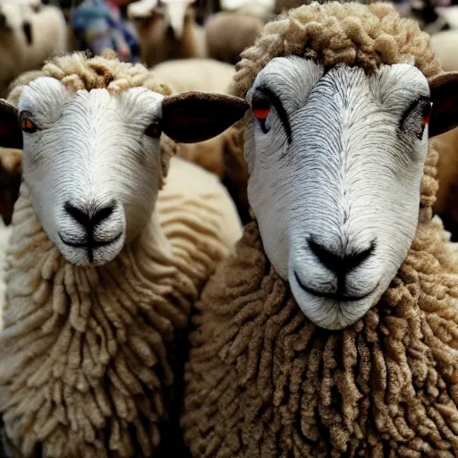 Prompt: sheep closeup with two sheep companions, beautiful, intricate, hyper detailed