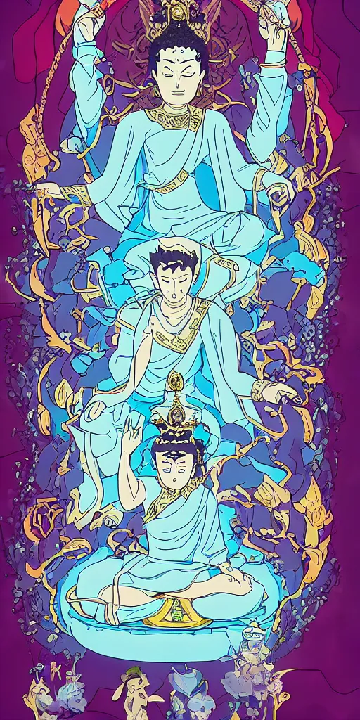 Image similar to buddha sitting on a throne of ice drawn by studio trigger, in the style of Little Witch Academia, spiritual enlightenment, tarot card, Tarot card the Hierophant