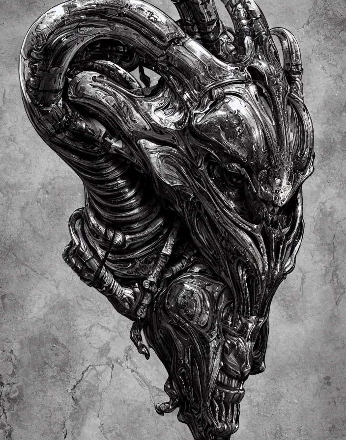 Image similar to engineer prometheus face by Artgerm, xenomorph alien, highly detailed, symmetrical long head, smooth marble surfaces, detailed ink illustration, raiden metal gear, cinematic smooth stone, deep aesthetic, concept art, post process, 4k, carved marble texture and silk cloth, latex skin, highly ornate intricate details, prometheus, evil, moody lighting, hr geiger, hayao miyazaki, indsutrial Steampunk