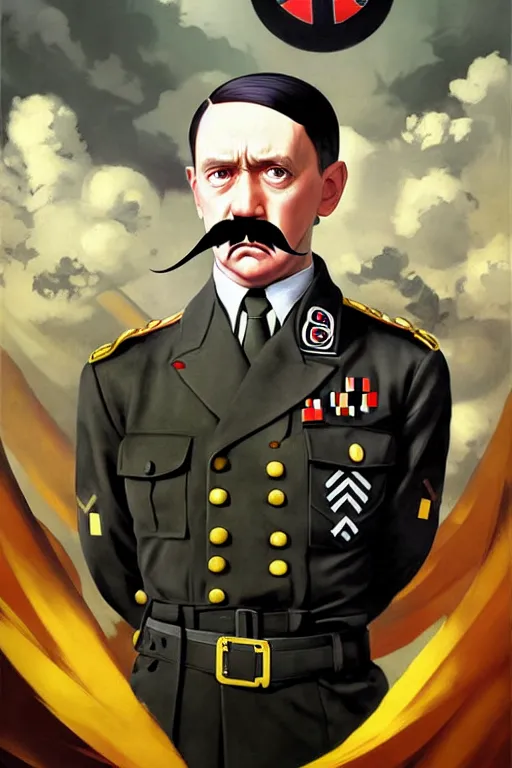 Image similar to baroque oil painting of key visual portrait concept art of hitler as anime girl, with mustache, military nazi ss uniform, brutalist, dark fantasy, rule of thirds golden ratio, fake detail, trending pixiv fanbox, acrylic palette knife, style of makoto shinkai studio ghibli genshin impact jamie wyeth james gilleard greg rutkowski