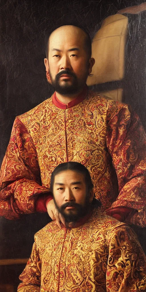 Image similar to Highly detailed and cinematic Renaissance period portrait oil painting Kublai Khan, an oil painting ((masterpiece)) by ((Josep Tapiró Baró)), dynamic lighting, 8K